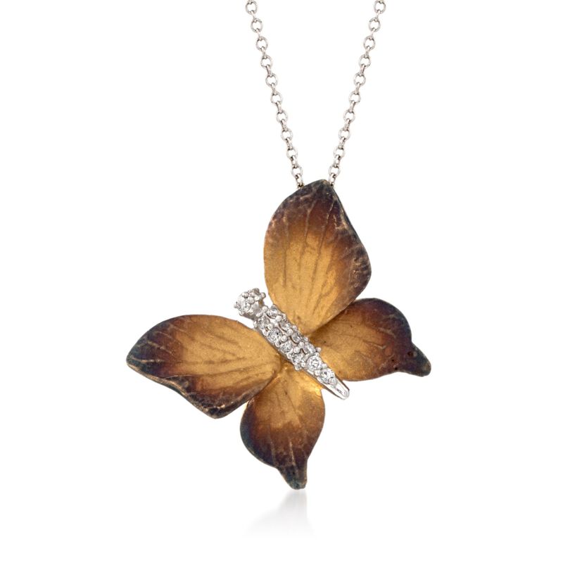 .10 ct. t.w. Diamond Butterfly Pendant Necklace in 18kt Two-Tone Gold. 17&quot; image number 1