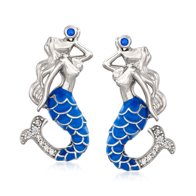 .10 ct. t.w. White Topaz and Blue Enamel Mermaid Drop Earrings with Simulated Sapphire Accents in Sterling Silver image number 0