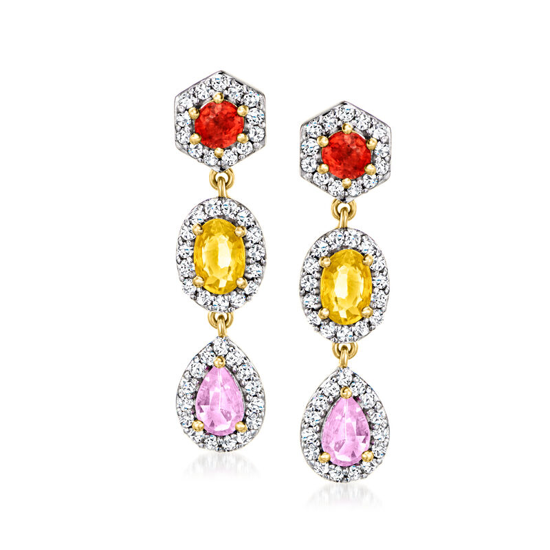 1.80 ct. t.w. Multicolored Sapphire and .60 ct. t.w. White Topaz Drop Earrings in 18kt Gold Over Sterling image number 0