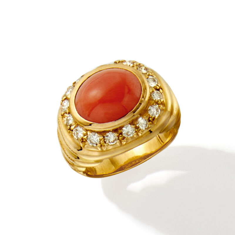 C. 1980 Vintage Red Coral Ring with .80 ct. t.w. Diamonds in 18kt Yellow Gold. Size 5.5 image number 3