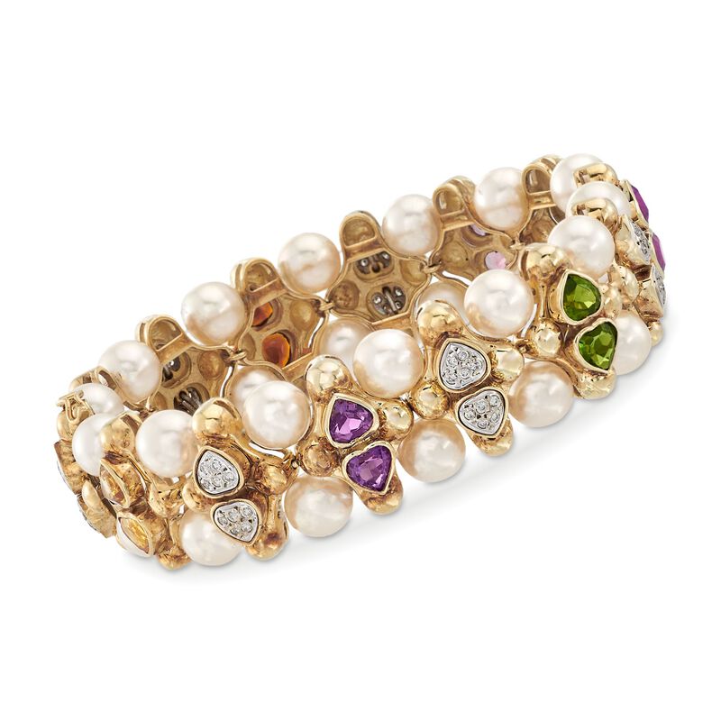 C. 1980 Vintage 5.80 ct. t.w. Multi-Stone and 7.5mm Cultured Pearl Bracelet with Diamonds in 14kt Yellow Gold image number 0