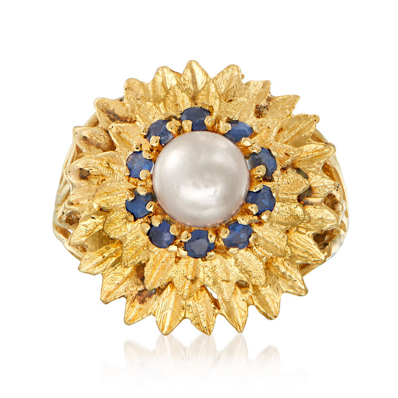 C. 1970 Vintage 6.5mm Cultured Pearl and .60 ct. t.w. Sapphire Flower Ring in 14kt Yellow Gold image number 0