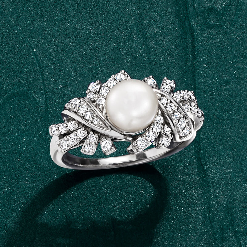 7-7.5mm Cultured Pearl and .40 ct. t.w. Diamond Ring in Sterling Silver image number 3