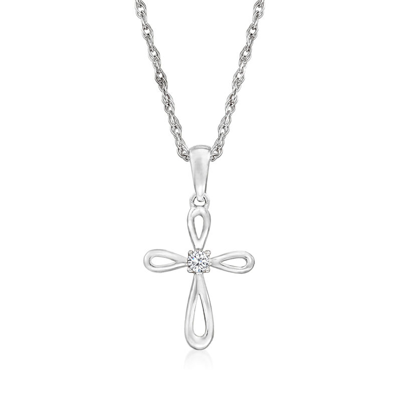14kt White Gold Cross Pendant Necklace with Single Diamond. 18&quot; image number 1