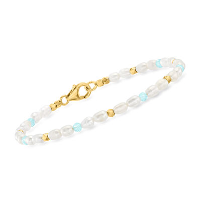 3x5mm Cultured Pearl and 3mm Amazonite Bead Station Bracelet with 18kt Gold Over Sterling