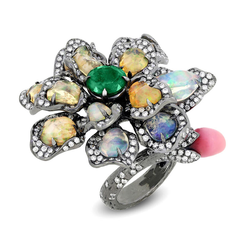 Opal, Shell Pearl, 2.23 ct. t.w. Diamond and 1.75 Carat Emerald Flower Ring in 18kt White Gold. Size 7 image number 1