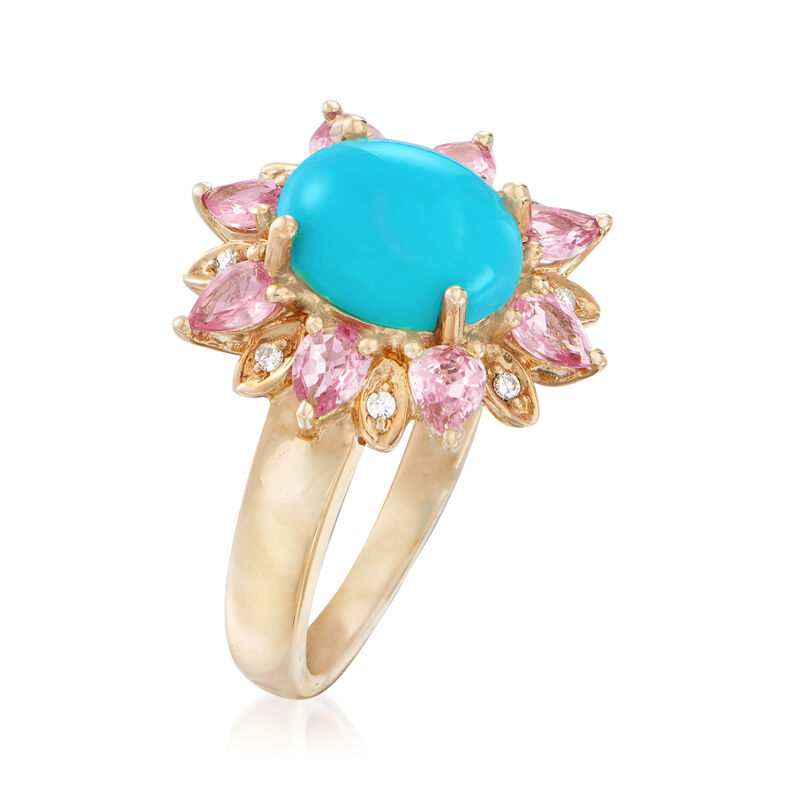 Turquoise and 1.20 ct. t.w. Pink Sapphire Ring with Diamond Accents in 14kt Yellow Gold. Size 7 image number 2