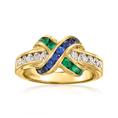 C. 1980 Vintage Charles Krypell .60 ct. t.w. Diamond, .55 ct. t.w. Sapphire and .25 ct. t.w. Emerald X Ring in 18kt Yellow Gold