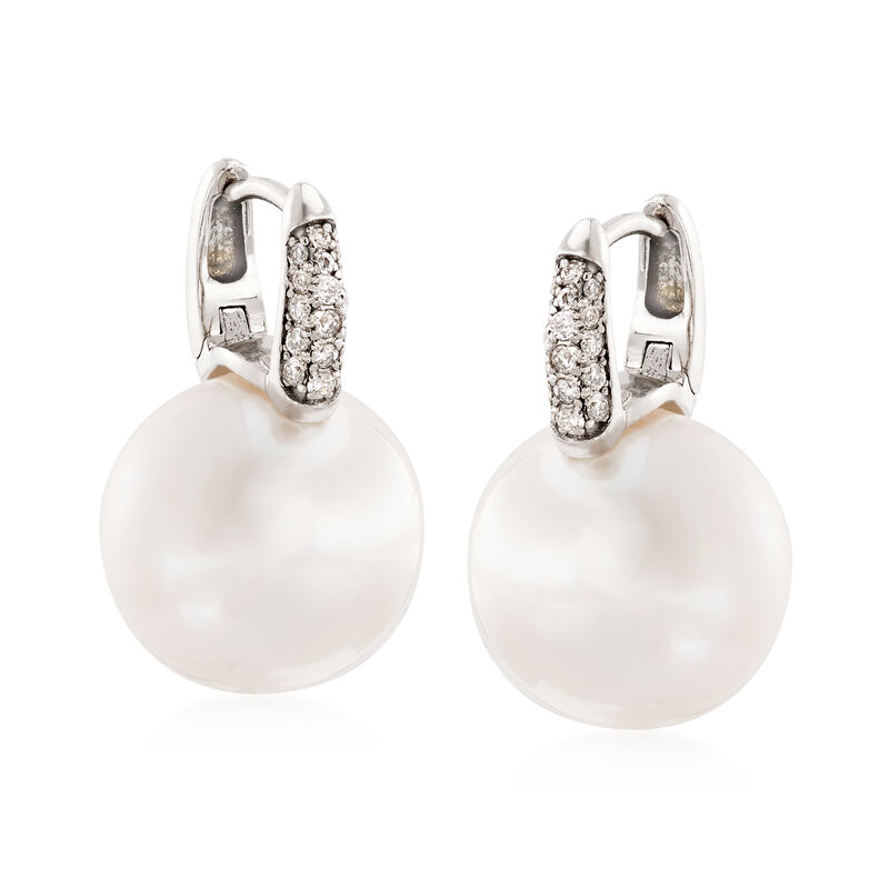12-13mm Cultured South Sea Pearl and .16 ct. t.w. Diamond Earrings in 18kt White Gold image number 3