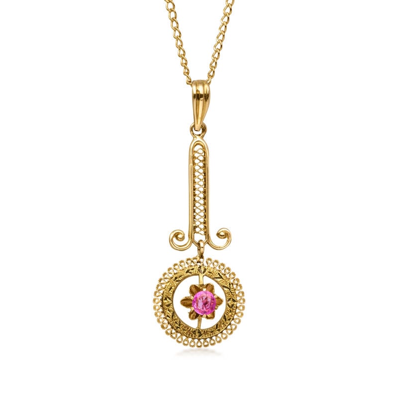 C. 1970 Vintage .15 Carat Pink Sapphire Pendant Necklace in 10kt Yellow Gold. 18" image number 0