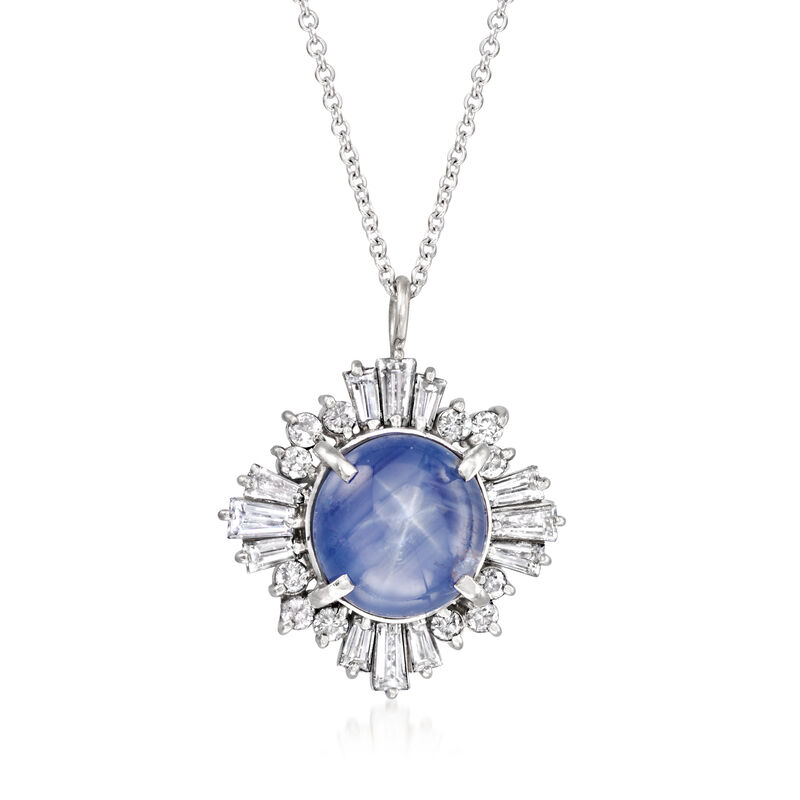 C. 1960 Vintage 3.60 Carat Star Sapphire and .90 ct. t.w. Diamond Pendant Necklace in Platinum. 16" image number 0