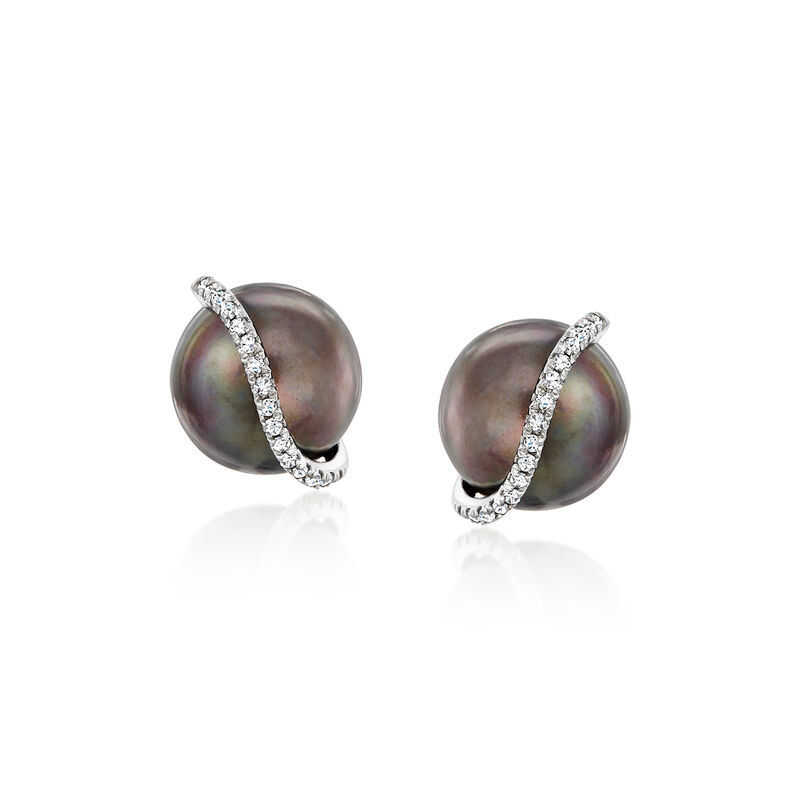 8-8.5mm Black Cultured Pearl and Diamond Swirl Earrings in Sterling Silver  image number 0