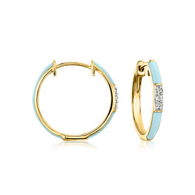 Pastel Blue Enamel Hoop Earrings with Diamonds in 18kt Gold Over Sterling
