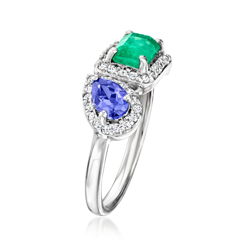 .60 Carat Emerald and .40 Carat Tanzanite Toi et Moi Ring with .20 ct. t.w. Diamonds in 14kt White Gold image number 2