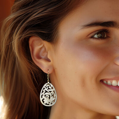 Carved Mother-of-Pearl Floral Drop Earrings with 14kt Yellow Gold