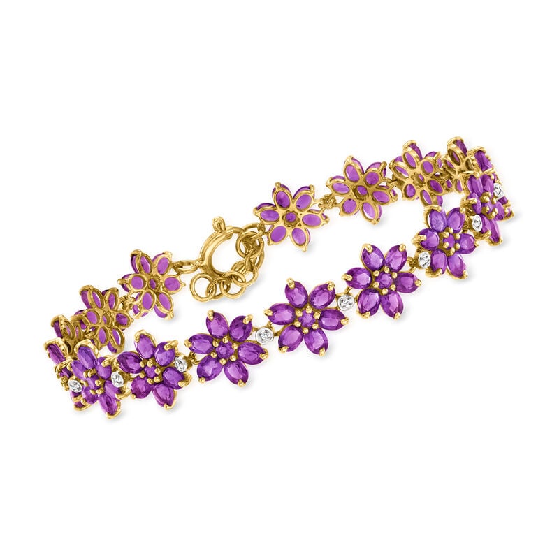 12.80 ct. t.w. Amethyst Flower Bracelet with .10 ct. t.w. White Zircon in 18kt Gold Over Sterling. 7&quot; image number 0