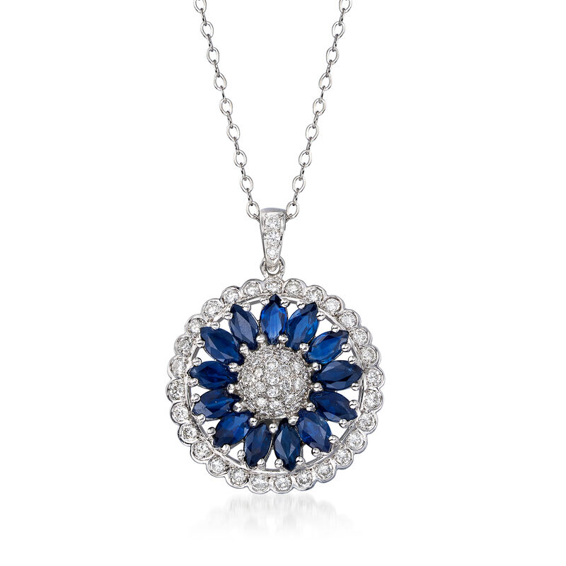 C. 1990 Vintage 3.00 ct. t.w. Sapphire and 1.05 ct. t.w. Diamond Flower Pendant Necklace in 18kt White Gold image number 0