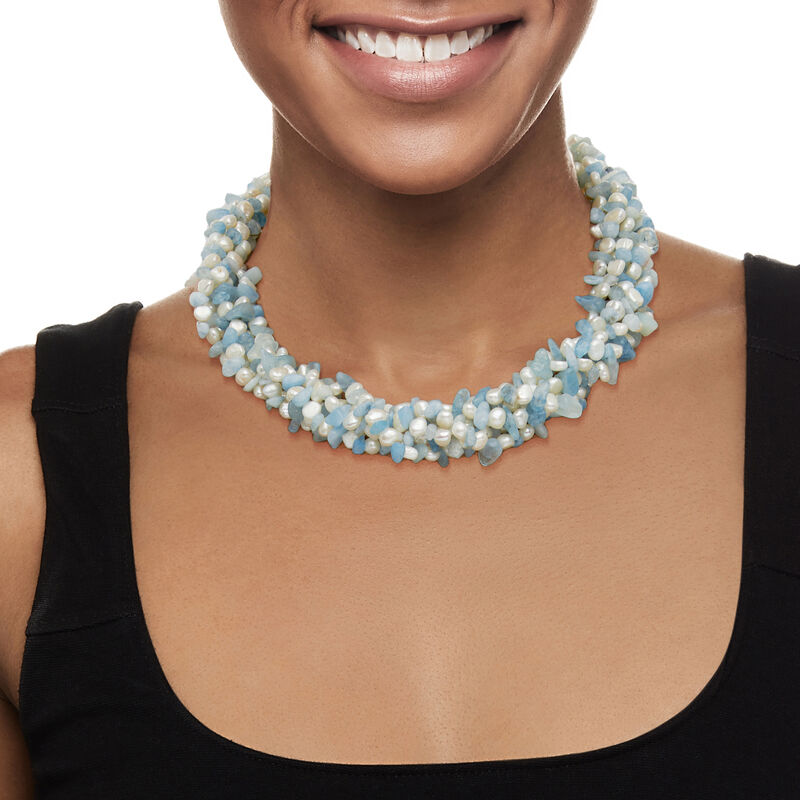 Aquamarine Bead and 5-6mm Cultured Pearl Torsade Necklace with Sterling Silver. 18&quot; image number 0