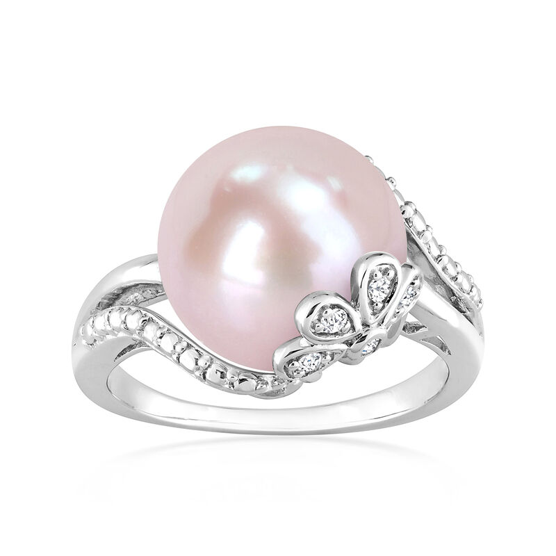 12-12.5mm Pink Cultured Pearl Ring with Diamonds in Sterling Silver image number 0