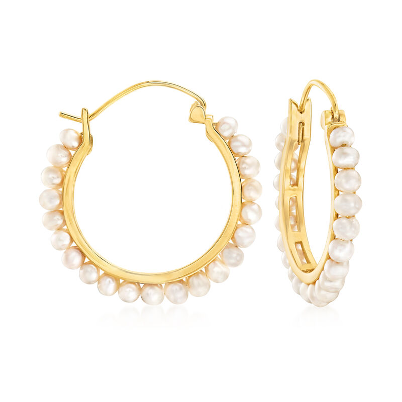 3-3.5mm Cultured Pearl Hoop Earrings in 18kt Gold Over Sterling. 1 1/8&quot; image number 0