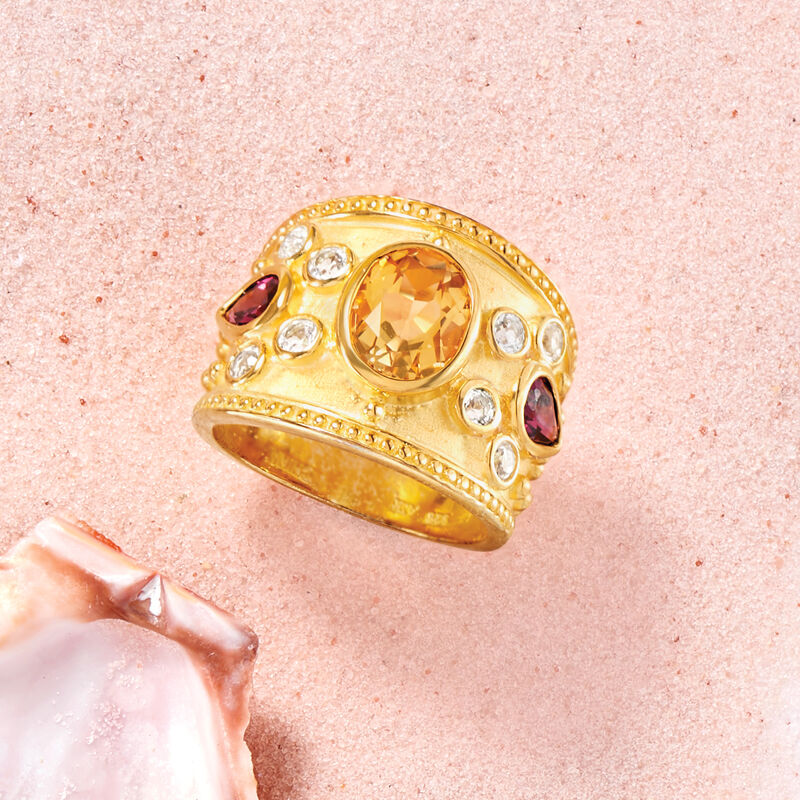 1.40 Carat Citrine and .80 ct. t.w. Rhodolite Garnet Ring with .60 ct. t.w. White Topaz in 18kt Gold Over Sterling image number 3
