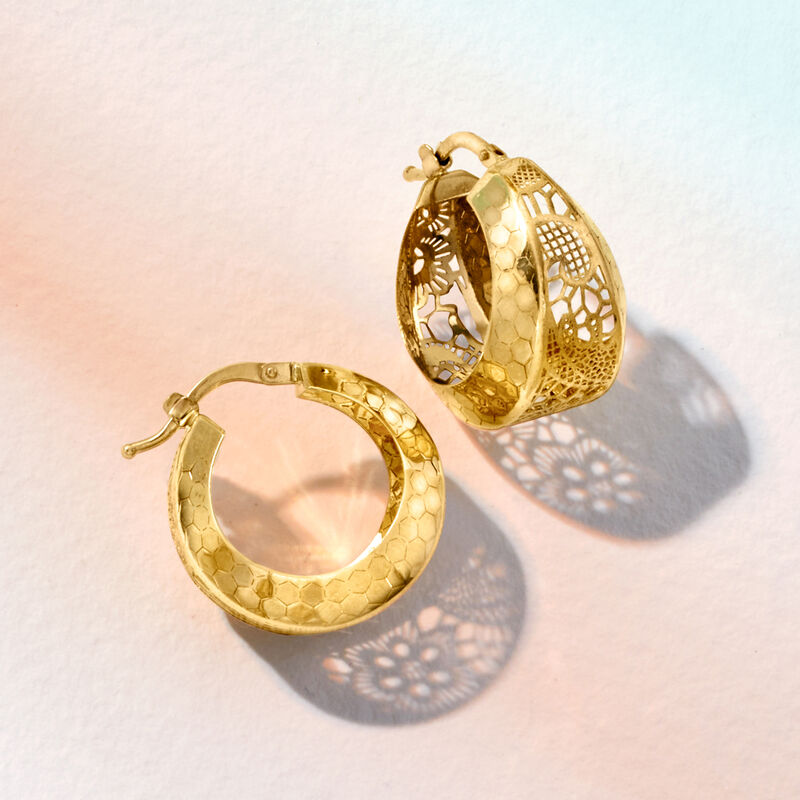 Italian 14kt Yellow Gold Floral Filigree Hoop Earrings. 7/8&quot; image number 2