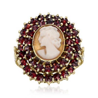 C. 1960 Vintage Brown Shell and 2.10 ct. t.w. Garnet Cameo Ring in 14kt Yellow Gold