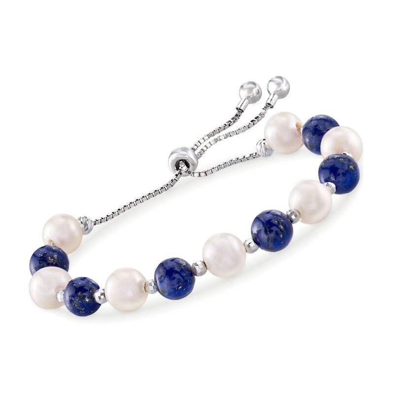 Lapis and 8-9mm Cultured Pearl Bolo Bracelet in Sterling Silver  image number 0