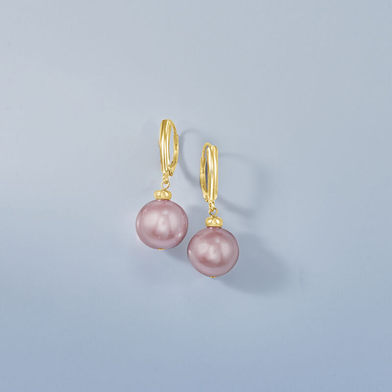 11.5-12.5mm Pink Cultured Pearl Drop Earrings in 14kt Yellow Gold image number 2
