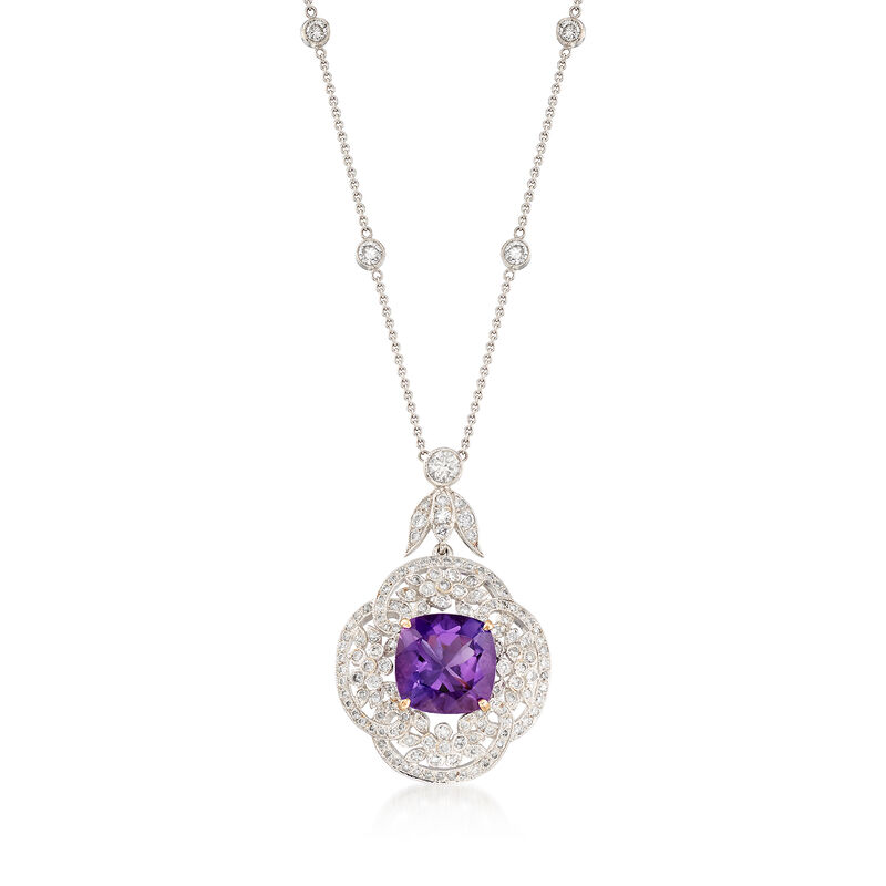 C. 2000 Vintage 4.90 Carat Amethyst and 1.75 ct. t.w. Diamond Floral Necklace in 14kt White Gold. 16.5&quot; image number 1