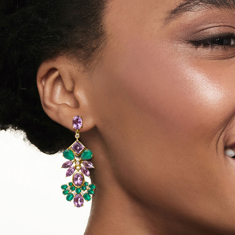 14.10 ct. t.w. Amethyst and Green Chalcedony Drop Earrings with .40 ct. t.w. White Topaz in 18kt Gold Over Sterling image number 1