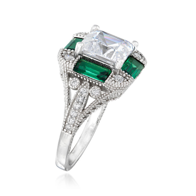 3.10 ct. t.w. CZ and 1.60 ct. t.w. Simulated Emerald Ring in Sterling Silver image number 2
