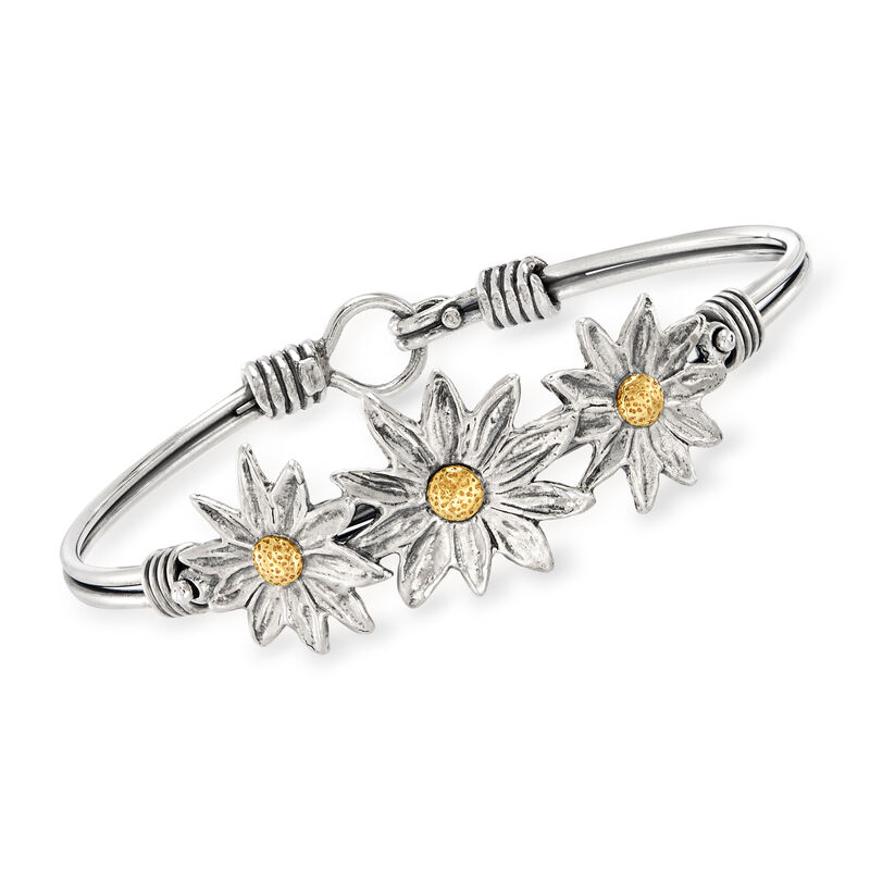 Sterling Silver with 14kt Yellow Gold Flower Bangle Bracelet image number 0
