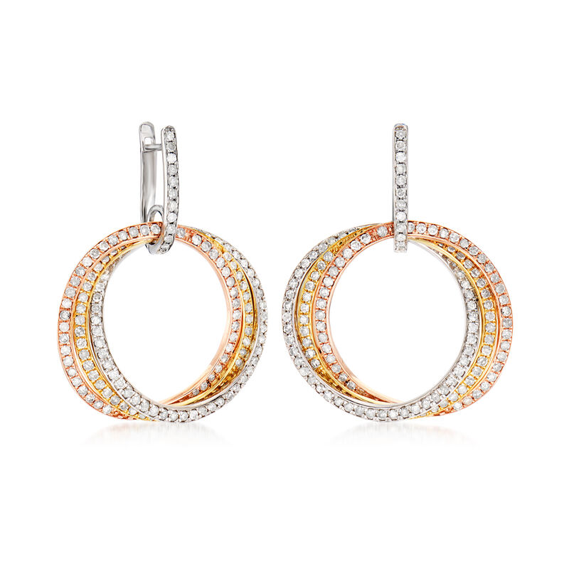 2.25 ct. t.w. Diamond Interlocking-Circle Drop Earrings in 14kt Tri-Colored Gold image number 2