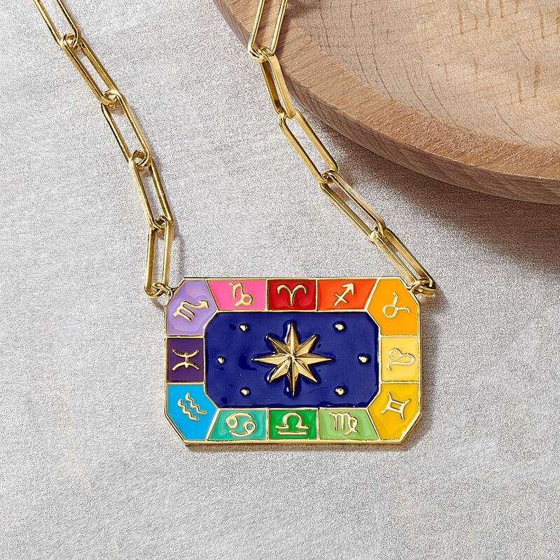 Multicolored Enamel Zodiac Paper Clip Link Necklace in 18kt Yellow Gold Over Sterling. 18&quot; image number 2