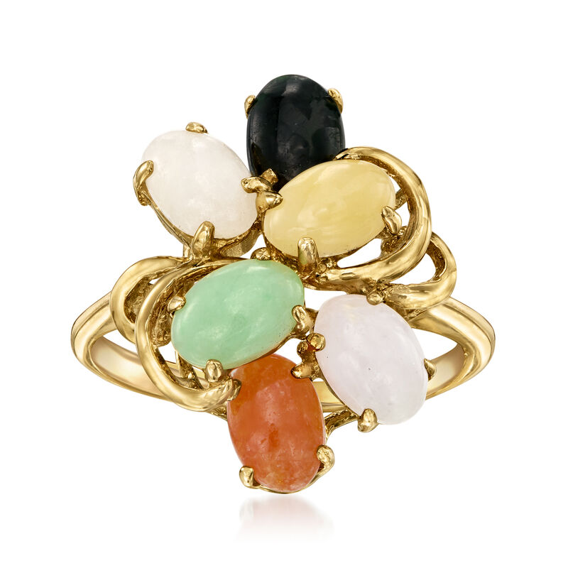 C. 1990 Vintage Multicolored Jade Cluster Ring in 14kt Yellow Gold image number 0