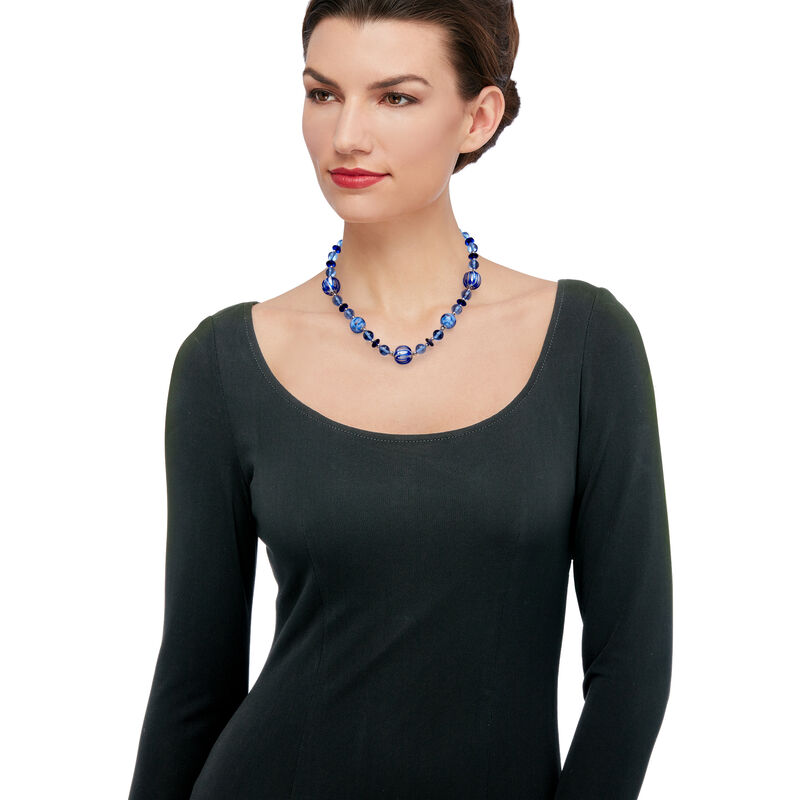 Italian Blue Murano Glass Bead Necklace in Sterling Silver image number 1