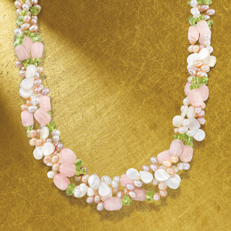 4-5mm Multicolored Cultured Pearl and Multi-Gemstone Torsade Necklace with Sterling Silver. 19&quot; image number 5