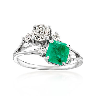 C. 1980 Vintage 1.05 Carat Emerald and .80 ct. t.w. Diamond Ring in 18kt White Gold