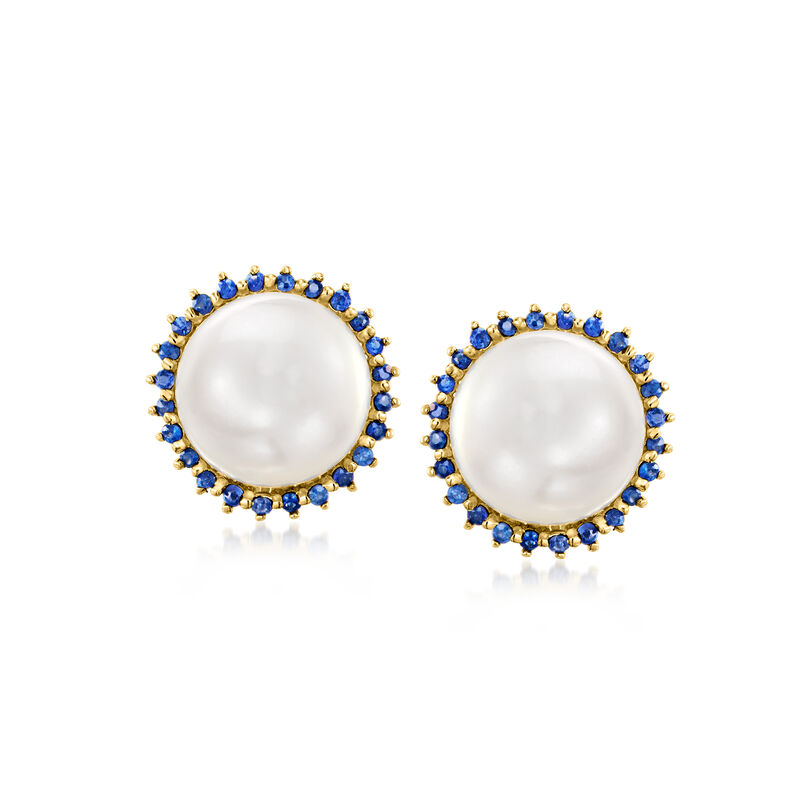 9-9.5mm Cultured Pearl and .20 ct. t.w. Sapphire Earrings in 14kt Yellow Gold image number 0