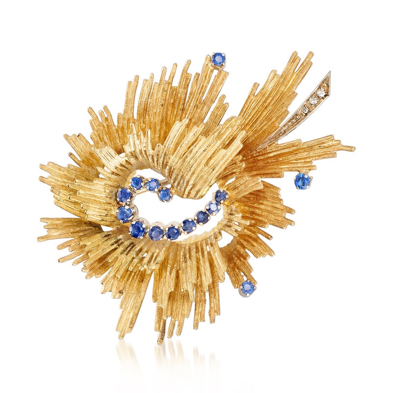 C. 1980 Vintage .60 ct. t.w. Sapphire Swirl Pin with Diamond Accents in 18kt Yellow Gold image number 0
