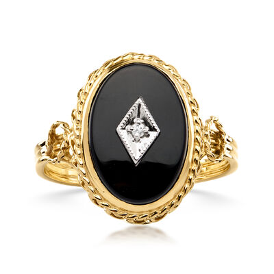 C. 1980 Vintage Onyx Ring with Single Diamond in 14kt Yellow Gold