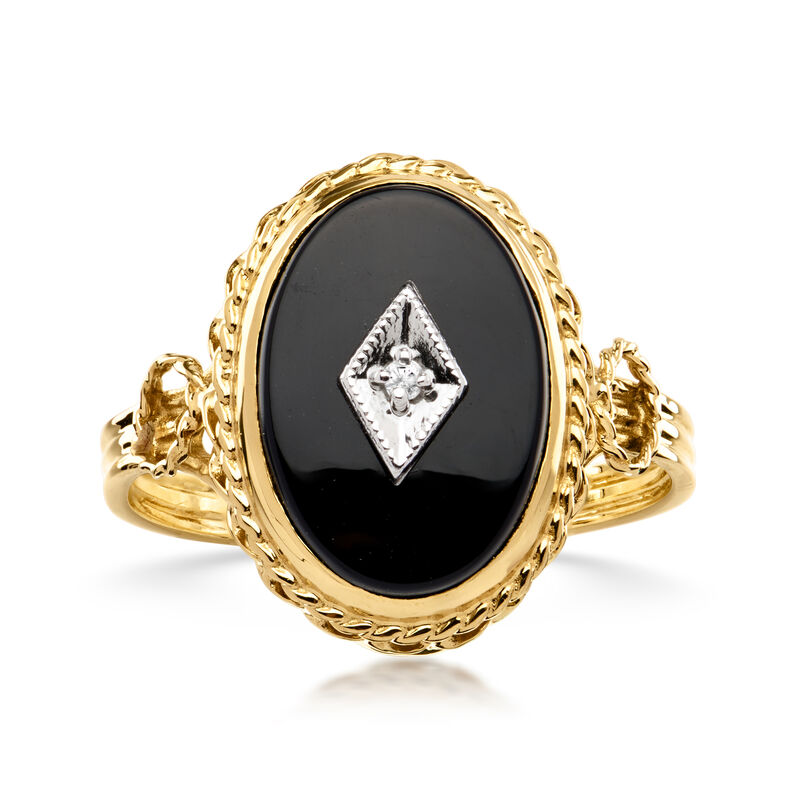 C. 1980 Vintage Onyx Ring with Single Diamond in 14kt Yellow Gold. Size 7.75 image number 0