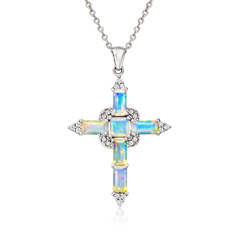 Ethiopian Opal Cross and .40 ct. t.w. White Zircon Cross Pendant Necklace in Sterling Silver. 18&quot; image number 1