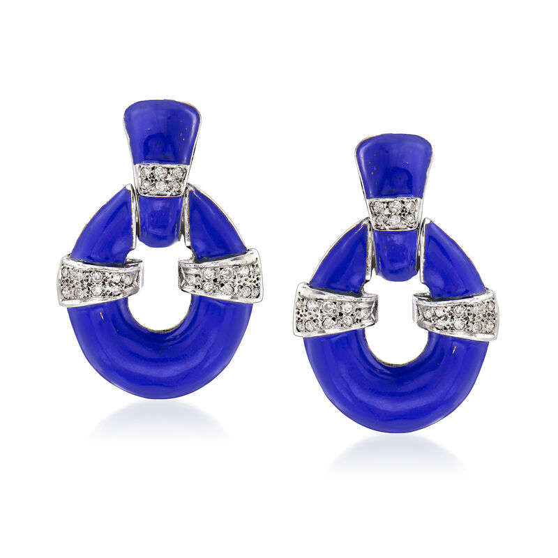 C. 1960 Vintage .65 ct. t.w. Diamond Doorknocker Clip-On Earrings with Blue Enamel in 18kt White Gold image number 0