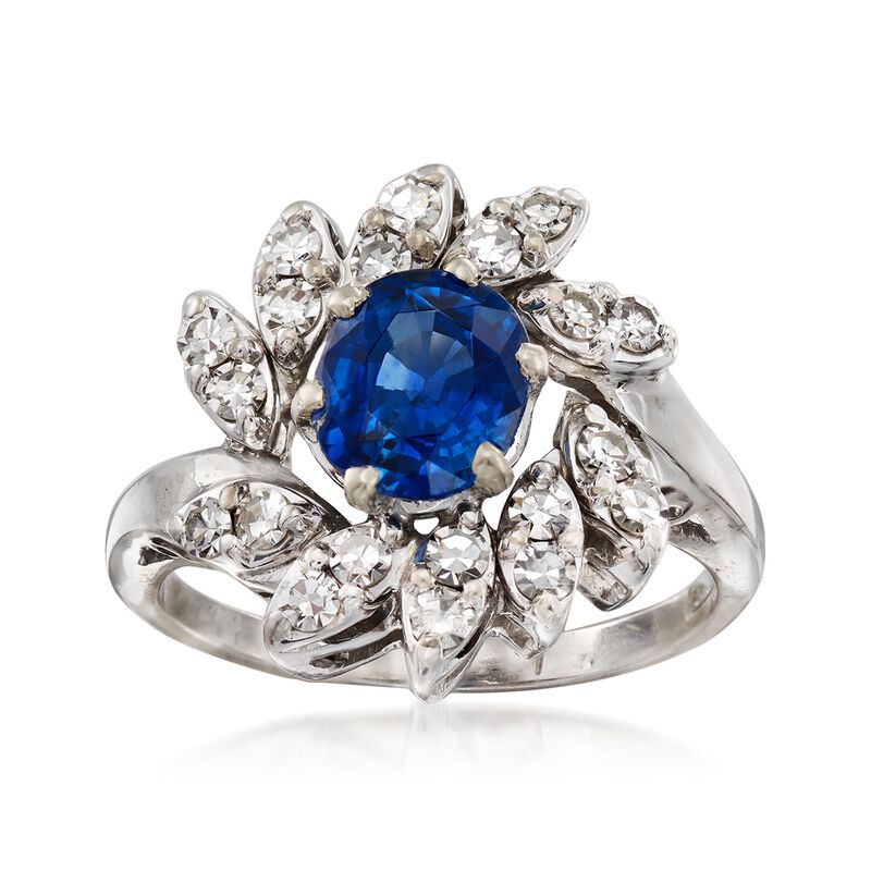 C. 1970 Vintage 1.50 Carat Sapphire and .75 ct. t.w. Diamond Ring in 14kt White Gold image number 0
