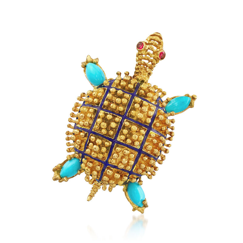 C. 1970 Vintage 18kt Yellow Gold and Turquoise Turtle Pin with Ruby Accents  image number 0