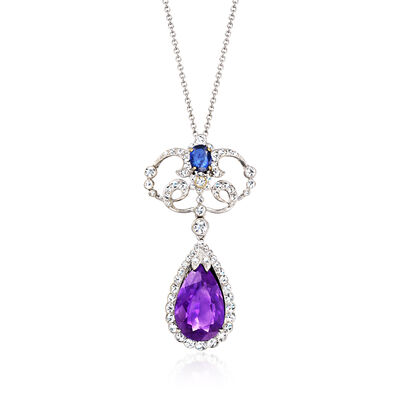 C. 1990 Vintage 6.00 Carat Amethyst and .50 Carat Sapphire Pendant Necklace with .90 ct. t.w. Diamonds in 14kt and 18kt White Gold