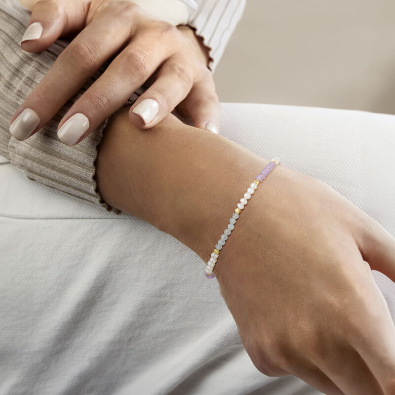 3-3.5mm Cultured Pearl and 4.70 ct. t.w. Pastel Multi-Gemstone Bead Bracelet in 18kt Gold Over Sterling image number 1