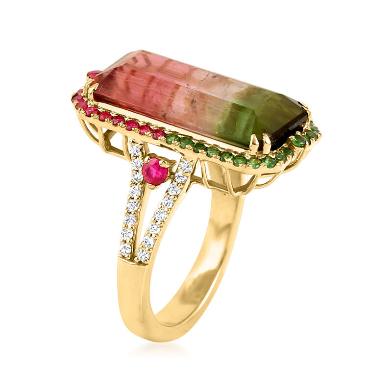 13.00 Carat Watermelon Tourmaline, .40 ct. t.w. Tsavorite, .25 ct. t.w. Diamond and .20 ct. t.w. Ruby Ring in 18kt Yellow Gold image number 1